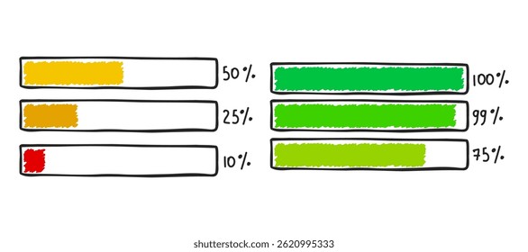 Progress loading bar — hand-drawn infographic element showing completion status. Vector illustration isolated on white background. Suitable for UI, web design, and presentations.