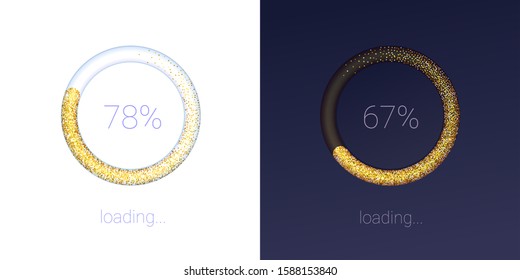Progress of loading bar for mobile apps. Icons of luxury 3D web preloader of updates on light and dark background. Glittering radial load, upgrade or download diagram. Vector illustration, EPS10