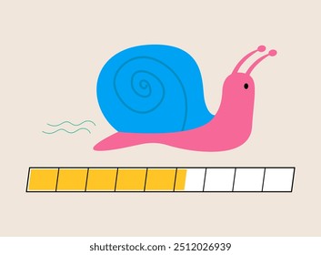 Fortschritt Ladebalken, Verarbeitung Diagramm, Schnecke kriecht langsam. Geschwindigkeit der Anforderungsverarbeitung, des Hochladens und des Sendens. Farbige Vektorgrafik
