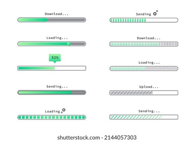 Progress loading bar set. Collection of graphic elements for website. Interface for applications and programs, video game design. Cartoon flat vector illustrations isolated on white background
