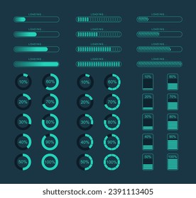 Progress loading bar. Set of indicators. Download progress.Load indicator. Loading status bar.  Vector illustration.