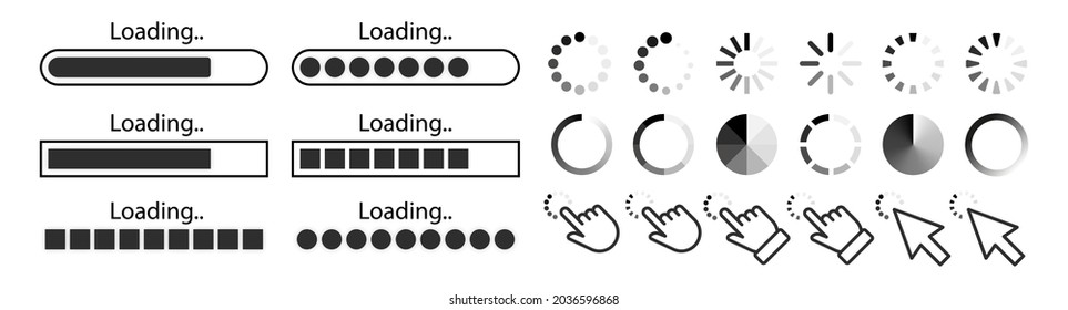 Progress loading bar. Set of load buttons icons. Download or upload status. System software update and upgrade concept. Vector illustration.