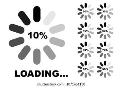 Progress loading icons set, downloading signs, data loading, isolated icons with loading and percent symbol, vector illustration.