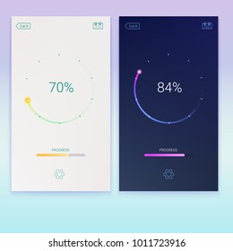 Progress of loading for mobile apps or web preloader on light and dark screen. Load, update or download diagram icon of progress bar, minimal flat design with percentage of progress, 3D illustration.