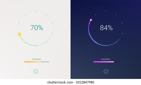 Progress of loading for mobile apps or web preloader on light and dark background. Radial load, update or download diagram icon of progress bar, minimal flat design with percentage of progress.