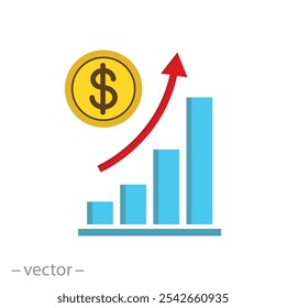 Progresa el marketing, aumenta el ícono de crecimiento de dinero, Ilustración vectorial plana