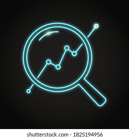 Progress monitoring icon in neon line style. Data audit symbol. Magnifying glass and line chart. Vector illustration.