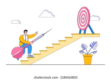 Progress and movement to goal, reaching objective business, motivation, challenge to achieve success, career improvement concepts. Ambitious businessman with dart walking up stairs to target bullseye.