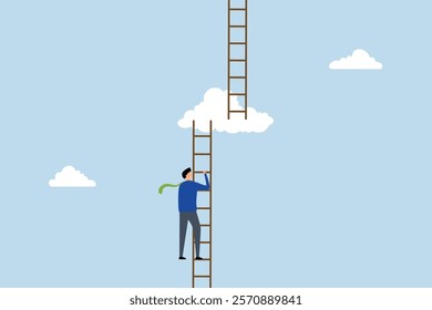 Progress to next level, driven entrepreneur ascending the ladder to cloud heights to achieve the next tier. 