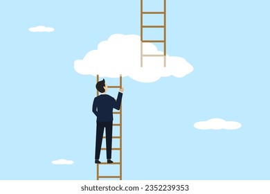 Progress to the next level, upgrade business to achieve better quality, growth concept evolve, ambitious entrepreneur climb ladder to cloud level to reach next level.