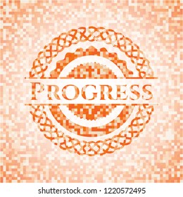 Progress orange tile background illustration. Square geometric mosaic seamless pattern with emblem inside.