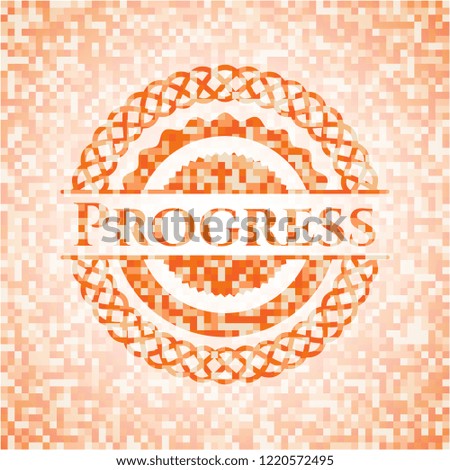Progress orange tile background illustration. Square geometric mosaic seamless pattern with emblem inside.