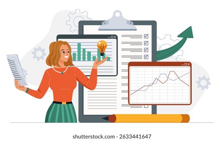 Conceito de visão geral do andamento. Mulher com lâmpada na mão e lápis avalia gráficos e quadros. Avaliação de desenvolvimento de negócios. Investir e negociar. Ilustração de vetor plano