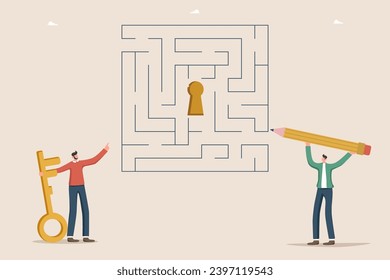 Progress or path to goals during work process, secret key to unlocking new opportunities, different ways and methods of achieving great success and victories in business, men trying to solve labyrinth