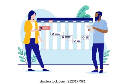 Progress Plan - Two Business People Planning A Work Project In Office. Flat Design Vector Illustration With White Background