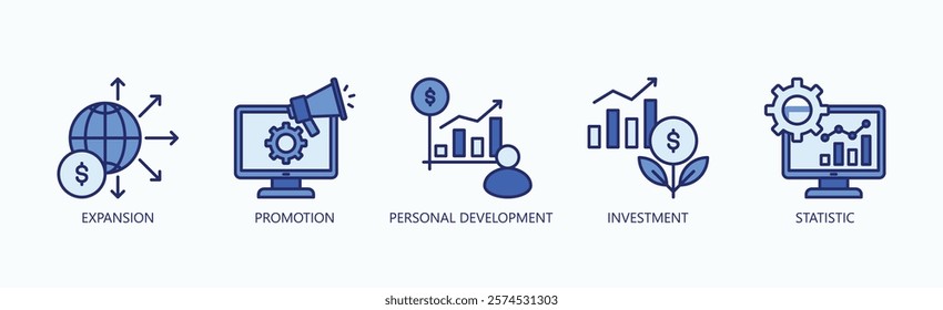 Progress And Potential Icon Set Isolated Vector With Icon Of Expansion, Promotion, Personal Development, Investment, Statistic In Blue Style