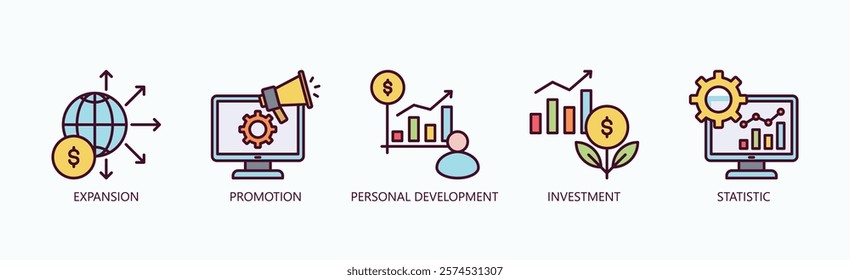 Progress And Potential Icon Set Isolated Vector With Icon Of Expansion, Promotion, Personal Development, Investment, Statistic In Outline Color Style