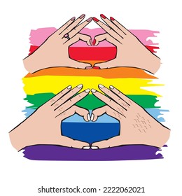 Progress pride flag with hands making sign Heart by fingers