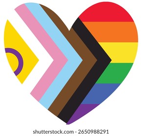 Icono del corazón de la bandera del orgullo del progreso, símbolo del amor LGBTQIA. Ilustración vectorial
