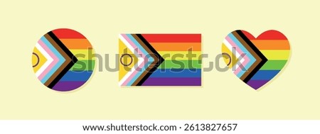 Progress Pride Flag set of icons, heart symbol, circle, vector design elements