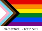Progress Pride Flag, six stripe rainbow design (red, orange, yellow, green, blue, violet), variation adds a chevron along the hoist that features black, brown, light blue, pink, white stripes, LGBTQ+