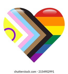 Progress Pride Rainbow Flag on heart shape isolated on white background. Symbol of LGBT community. Vector illustration