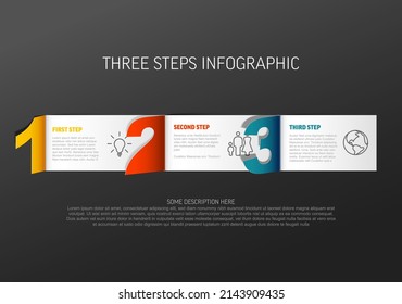 Progress proces template with three horizontal steps some descriptions and icons starts with big three paper folded numbers. Simple three steps proces template.