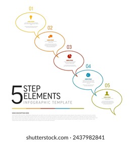 Plantilla infográfica de diagrama de esquema diagonal de proceso de progreso hecha de cinco burbujas de discurso de línea fina redondas con descripción de título corto e icono. 