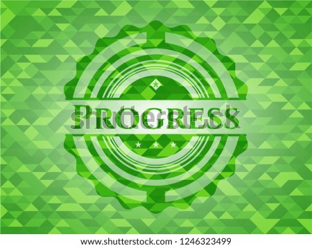 Progress realistic green emblem. Mosaic background