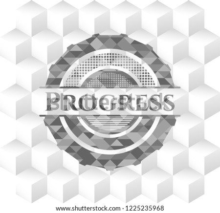 Progress realistic grey emblem with cube white background