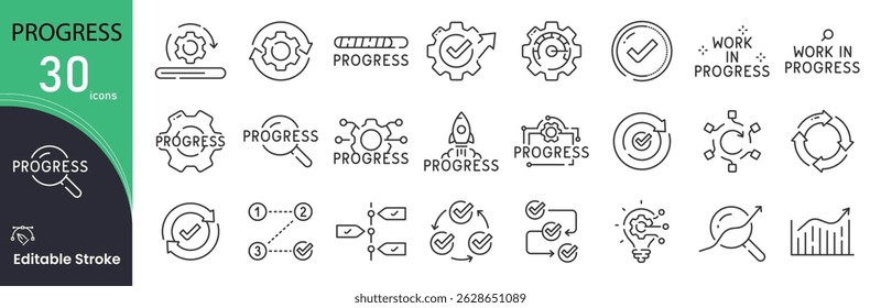  Coleções de ícones relacionadas ao progresso. Contendo os ícones Progresso, Crescimento, Melhoria, Desenvolvimento, Sucesso, Seta, Gráfico, Meta, Conquista, Etapa e Movimento. Traço editável . Ícones da estrutura de tópicos