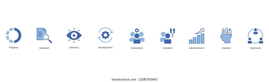 Progresso, Pesquisa, Visionário, Desenvolvimento, Geração, Evolução, Avanço, Criativo, Trabalho em equipe Vetor Icon Set