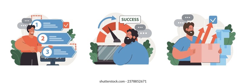 Progress set. Work optimization and efficiency. Character moving towards the goal, target and success. Projects or work tasks. Time optimization and progress checking. Flat vector illustration