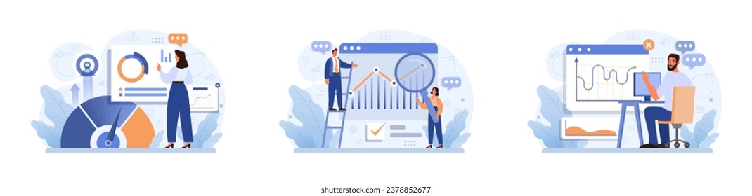 Progress set. Work optimization and efficiency. Character moving towards the goal, target and success. Projects or work tasks. Time optimization and progress checking. Flat vector illustration