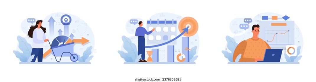 Progress set. Work optimization and efficiency. Character moving towards the goal, target and success. Projects or work tasks. Time optimization and progress checking. Flat vector illustration