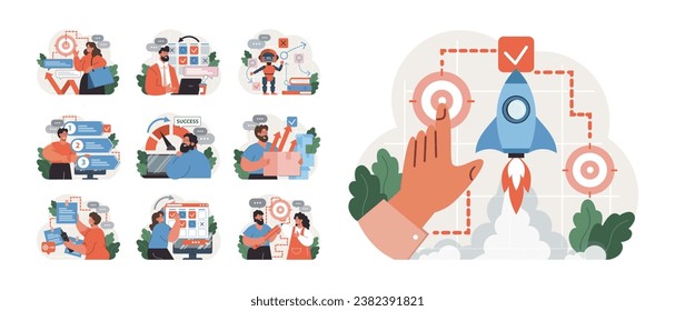 Progress set. Work optimization and efficiency. Character moving towards the goal, target and success. Projects or work tasks. Time optimization and progress checking. Flat vector illustration