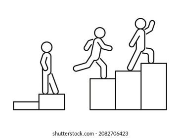 Fortgeschrittene Fachkräfte, Treppen mit Hindernissen, höhere Stufen in der Wirtschaft, Line Art. Unterschiedliche Lebensstufen auf der Leiter. Erfolge und Erfolg. Schwieriger Weg zum Ziel. Vektorgrafik