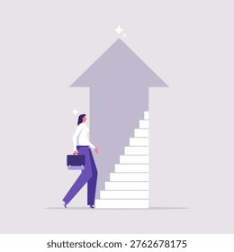 Progress or stairway to new opportunity concept, success path or open door to career chance, businesswoman walk up stair to success