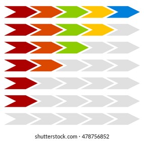 Progress, step, level indicators with 5 steps arrows