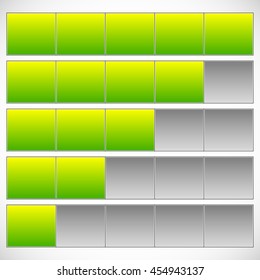 Progress, step, phase indicators. Simple 5-step progress bars.