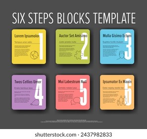 Progress steps template with descriptions icons and big numbers on rainbow pastel color squares rounded buttons on dark background. Multipurpose progress infochart template 