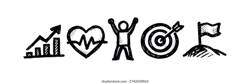Progress and success icons: bar chart, heartbeat, victory pose, target, and flag on mountain.
