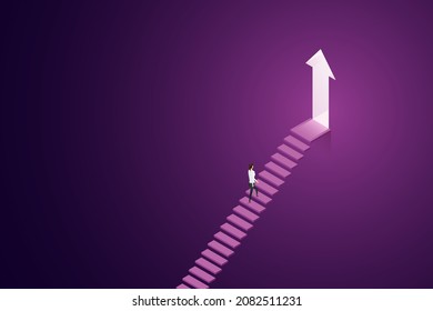 Progress success promotion and career growth Goal achievement, business woman walks up the stairs to the illuminated arrow. isometric vector illustration.