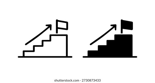 Símbolos de progresso: escadaria com ícones de seta e bandeira em preto e branco.