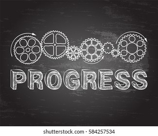 Progress text with gear wheels hand drawn on blackboard background
