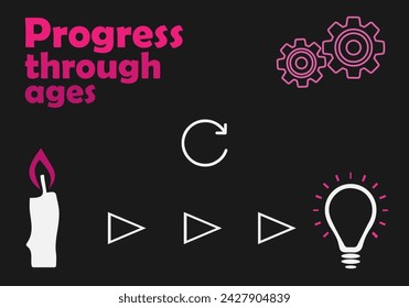 Progress, progress through the ages. Illustration on the theme of progress. For websites and presentations. Vector illustration. Flat. Candle, light bulb, gear, progress symbol.Illustration. Black and