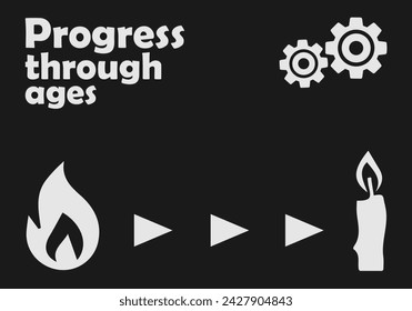 Progress, progress through the ages. Illustration on the theme of progress. For websites and presentations. Vector illustration. Flat. Candle, light bulb, gear, progress symbol.Illustration. Black and