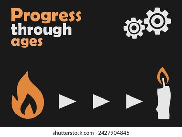 Progress, progress through the ages. Illustration on the theme of progress. For websites and presentations. Vector illustration. Flat. Candle, light bulb, gear, progress symbol.Illustration. Black and