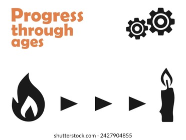 Progress, progress through the ages. Illustration on the theme of progress. For websites and presentations. Vector illustration. Flat. Candle, light bulb, gear, progress symbol.Illustration. Black and