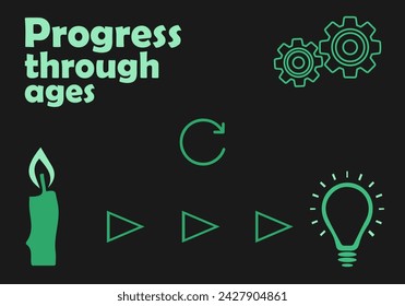 Progress, progress through the ages. Illustration on the theme of progress. For websites and presentations. Vector illustration. Flat. Candle, light bulb, gear, progress symbol.Illustration. Black and